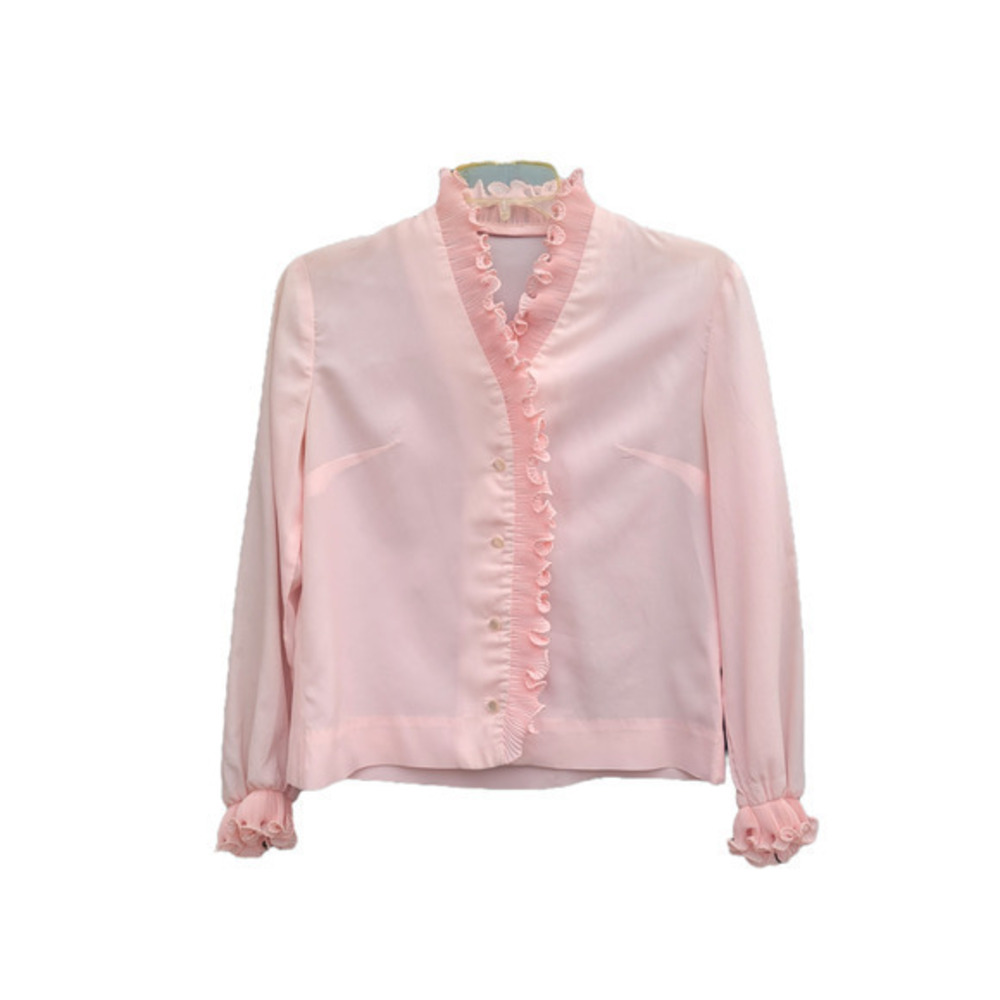 HP‎ Vintage Crepe Button Up Ruffled Mandarin Neckline, Cuffs Long Sleeve Blouse